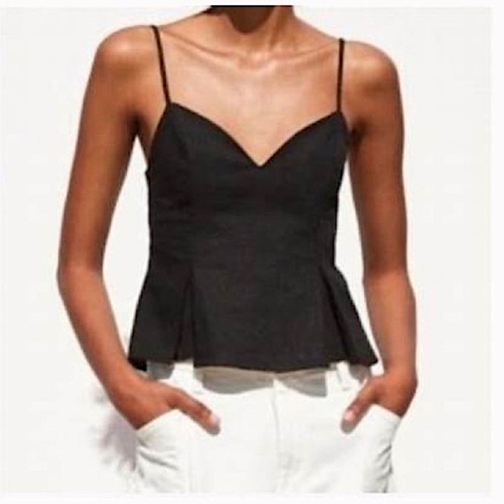 Zara Black Sleeveless Back Zip Camisole with Peplum Bustier, Black, Size‎ M